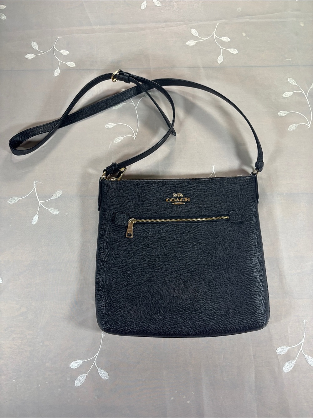 Coach Black Leather Crossbody with Front Zip Pocket and Gold Hardware